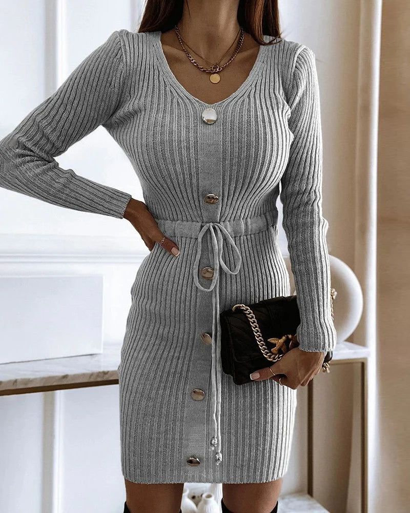 Vestido Suéter con Escote en V, Mangas Largas, Detalles de Botones y Cintura Ajustable