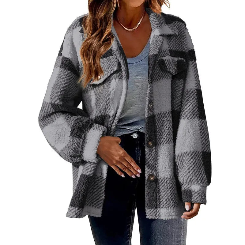 Chaqueta de Mujer con Botones y Estampado de Cuadros - Abrigo Acogedor y Moderno