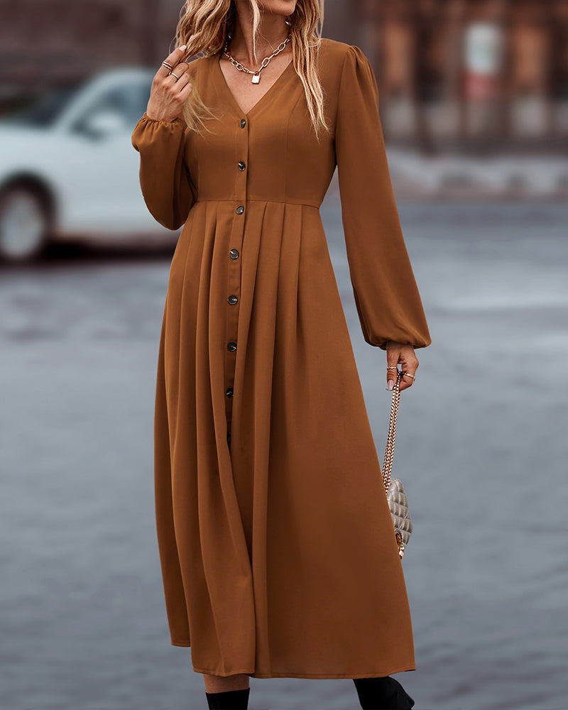 Vestido midi elegante de otoño con mangas largas abotonadas