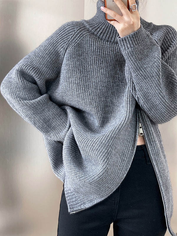 Suéter de Cuello Alto con Cremallera y Manga Larga Ajuste Suelto para Mujeres