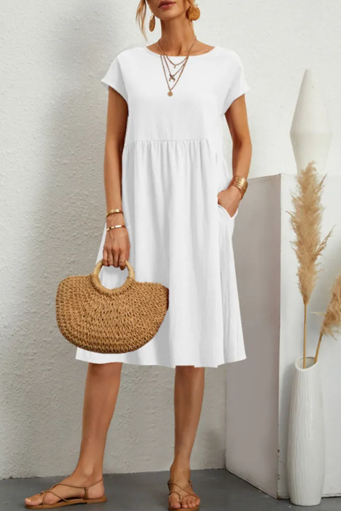 Melanie - Vestido Informal de Patchwork Monocolor con Escote en O y Mangas Cortas en A