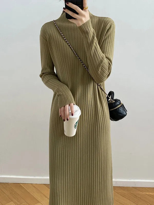 Vestido Suéter Midi de Corte Suelto con Flecos y Cuello Alto - Manga Larga