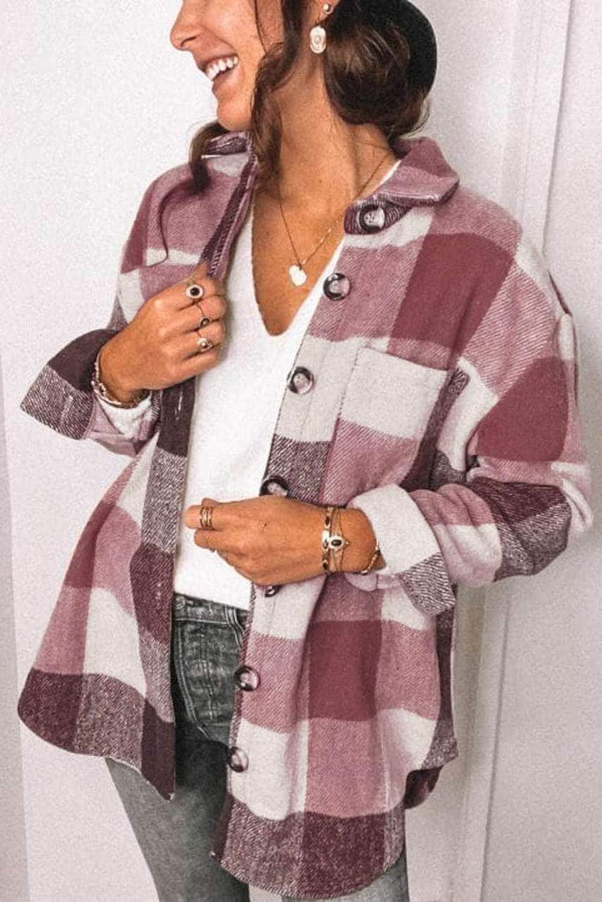 Chaqueta de Manga Larga con Botones y Bolsillo en Bloque de Color Cuadriculado