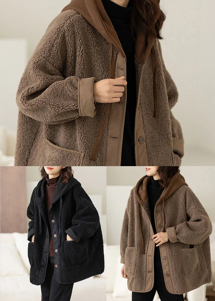 Abrigo de Invierno en Color Café con Capucha, Diseño de Dos Piezas y Cordón Ajustable
