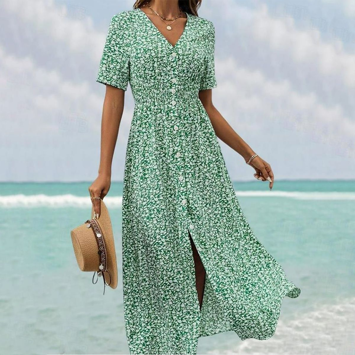 Vestido maxi ligero para mujer con mangas cortas y escote en V