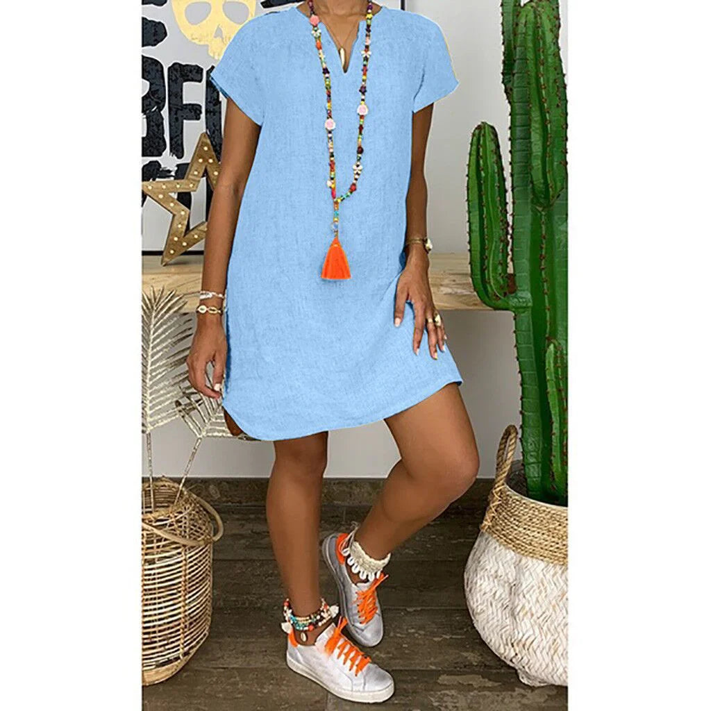 Georgina - Modelo básico holgado Vestido de manga corta con escote en V en lino de algodón de color sólido