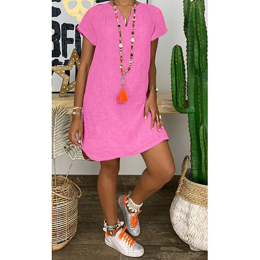 Georgina - Modelo básico holgado Vestido de manga corta con escote en V en lino de algodón de color sólido