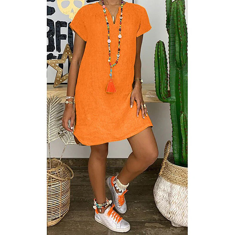 Georgina - Modelo básico holgado Vestido de manga corta con escote en V en lino de algodón de color sólido
