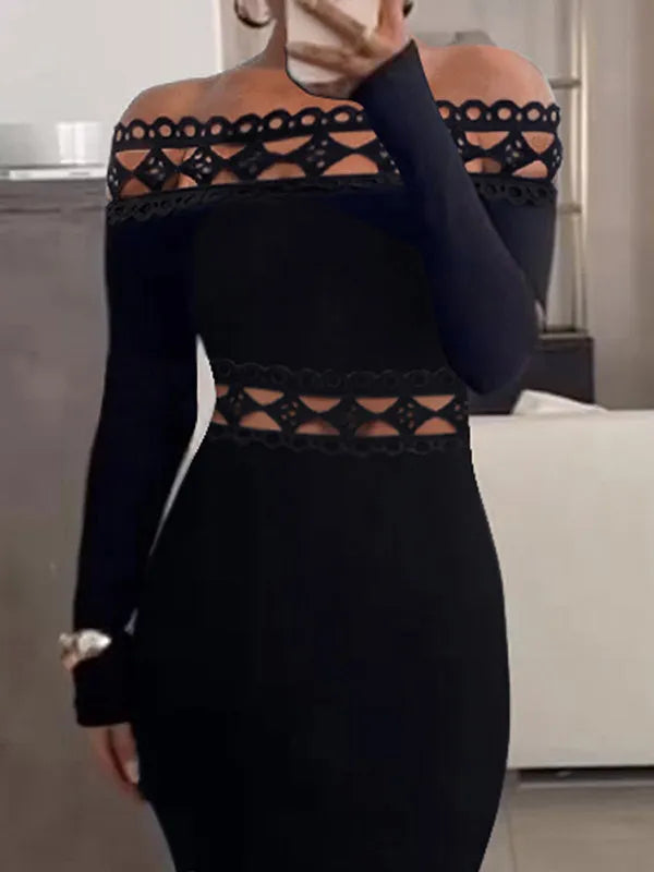Vestido midi ajustado con mangas largas, diseño calado y escote hombros descubiertos para un mira sofisticado