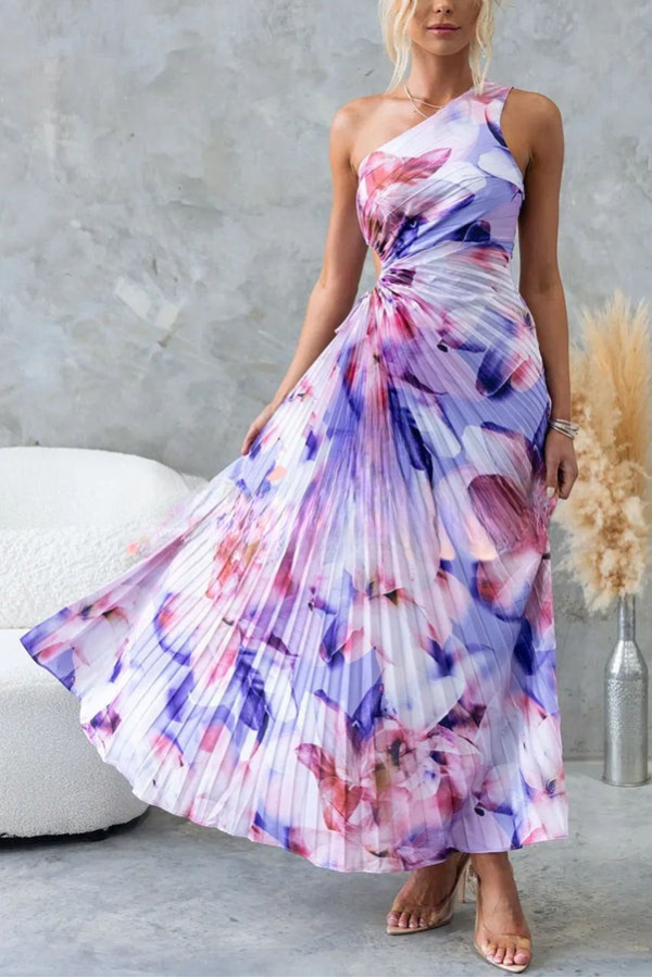 Vestido largo asimétrico con estampado floral lazo ajustable y detalle de aberturas elegante para eventos especiales