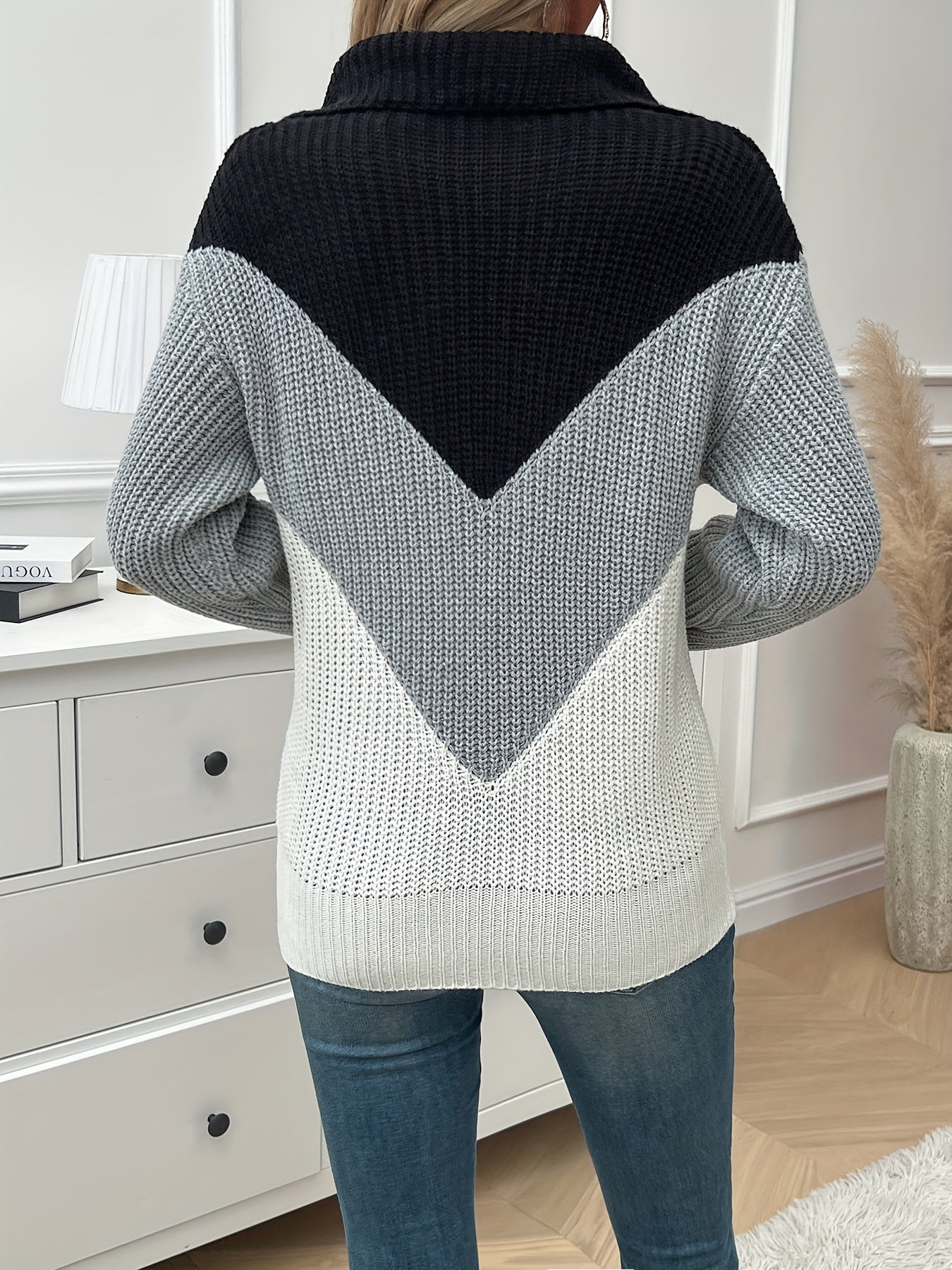 Suéter casual para mujer con diseño de bloques de color y cremallera