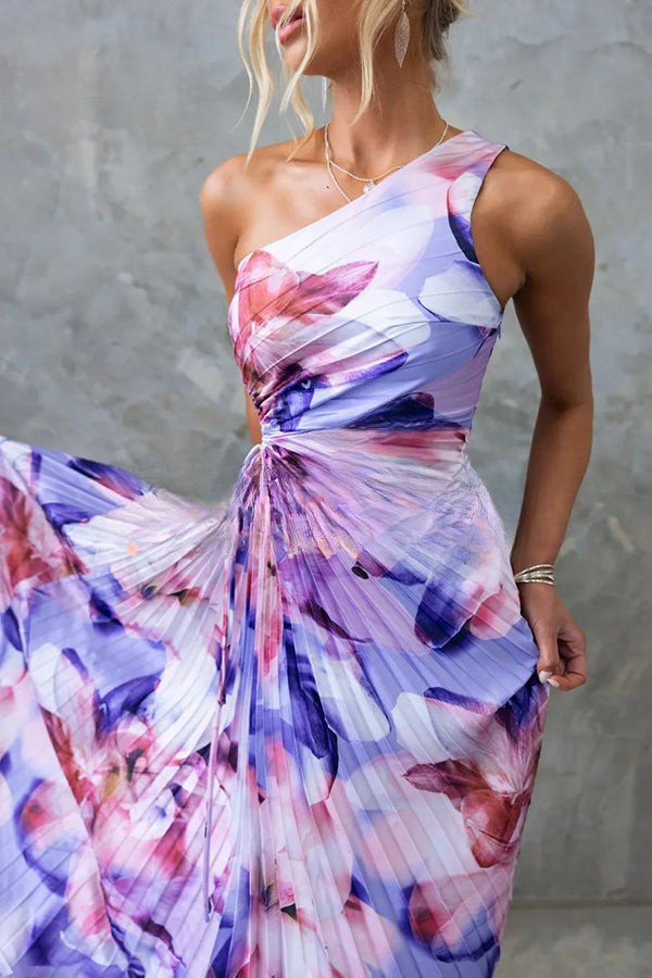 Vestido largo asimétrico con estampado floral lazo ajustable y detalle de aberturas elegante para eventos especiales