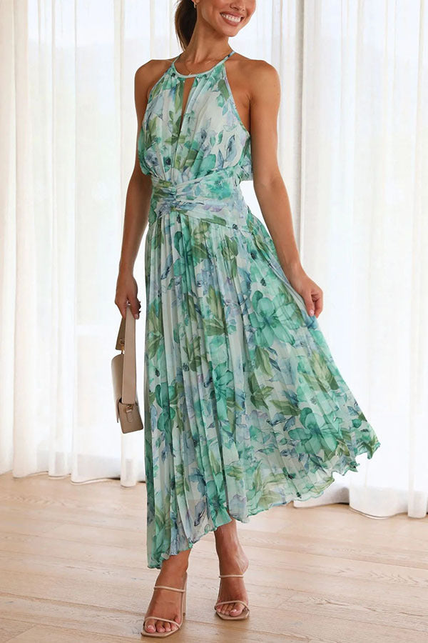 Vestido midi con pliegues y escote calado floral elegante para mujer