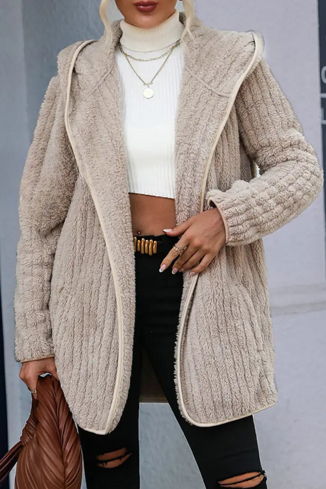 Chaqueta Informal Marrón Claro con Capucha y Cordón - Diseño de Parche Sólido para Estilo Urbano