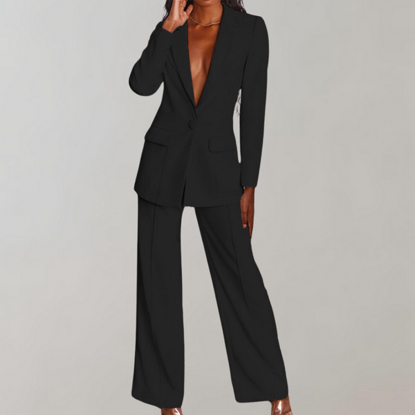 Conjunto de blazer moderno con un botón y pantalón ancho para mujer