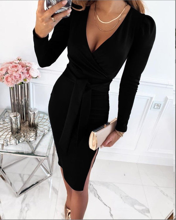 Vestido elegante con mangas largas escote profundo y falda asimétrica para mujer