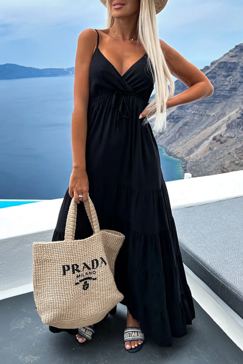 Vestido largo elegante con escote en V y falda de capas plisada ideal para cualquier ocasión