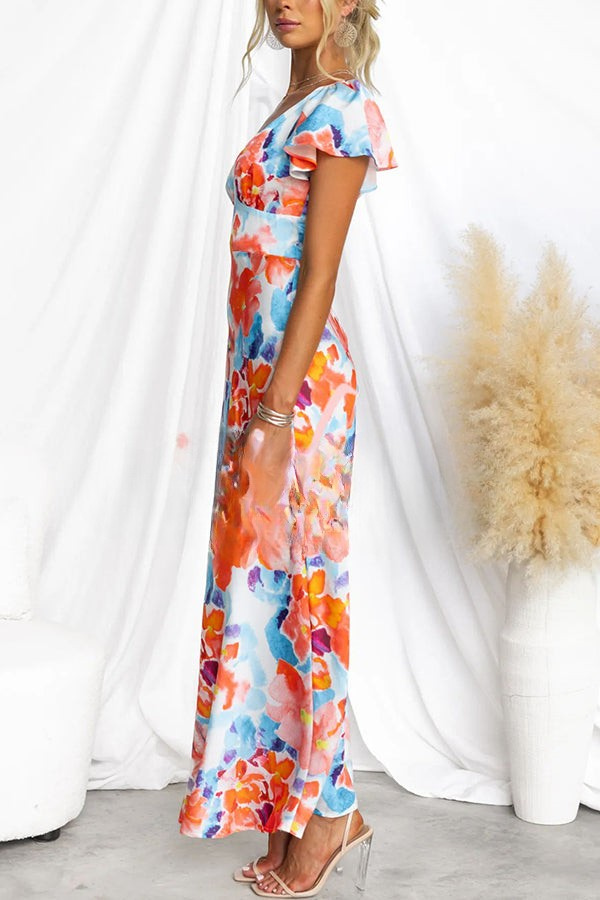 Vestido largo con estampado floral y mangas cortas perfecto para eventos y días especiales