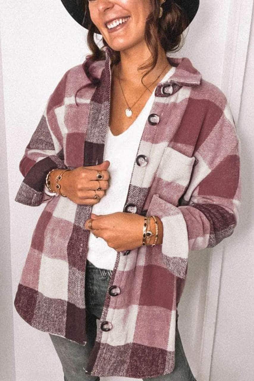 Chaqueta de Manga Larga con Botones y Bolsillo en Bloque de Color Cuadriculado