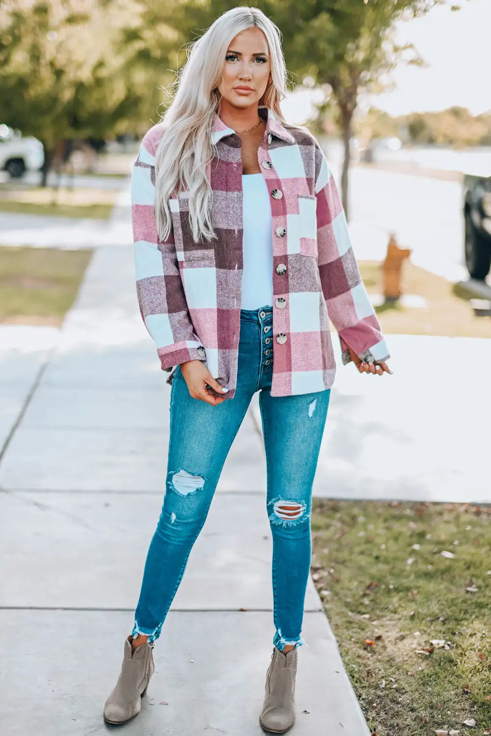 Chaqueta de Cuadros en Bloque de Color Caqui para un Estilo de Invierno Sin Esfuerzo