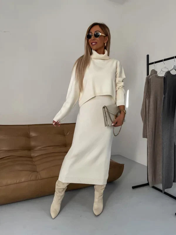 Conjunto moderno de vestido elegante y suéter de cuello alto