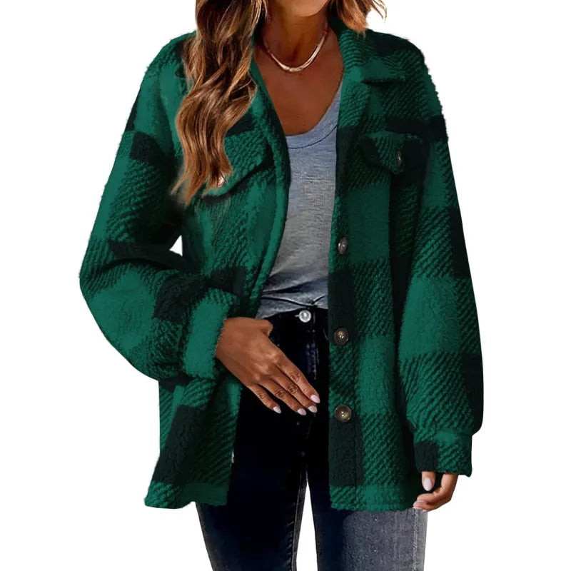 Chaqueta de Mujer con Botones y Estampado de Cuadros - Abrigo Acogedor y Moderno