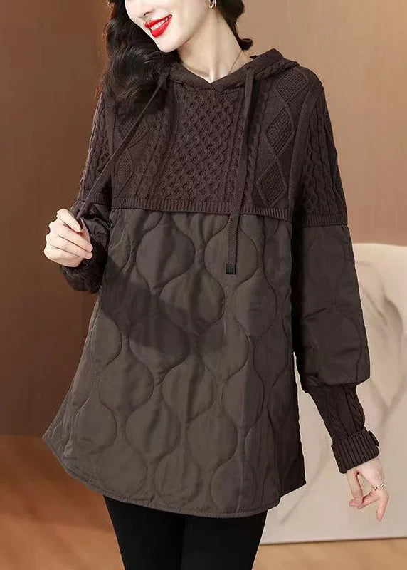 Sudadera de Invierno con Capucha y Diseño de Parchwork Lace-Up en Color Café