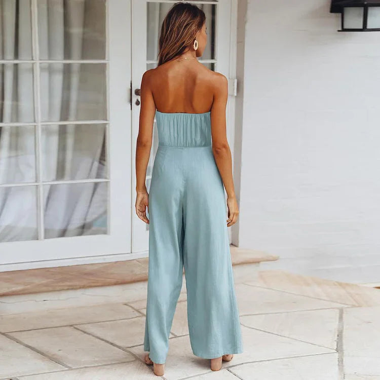 Mono elegante para mujer con diseño sin tirantes y pantalón ancho