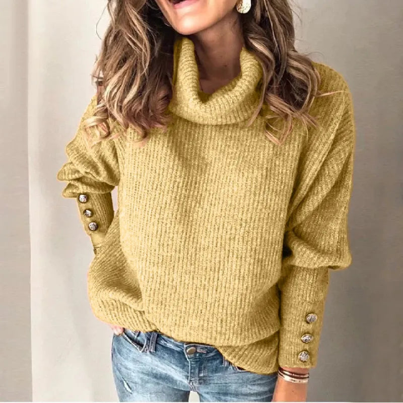 Suéter Casual de Color Sólido con Botones para Mujeres - Estilo Diario