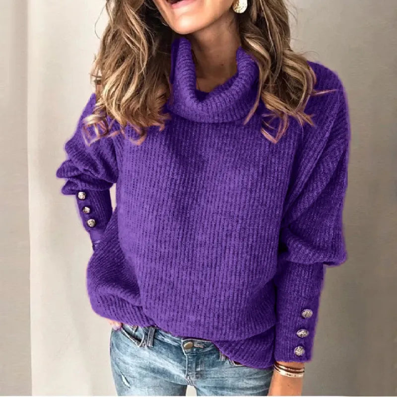 Suéter Casual de Color Sólido con Botones para Mujeres - Estilo Diario