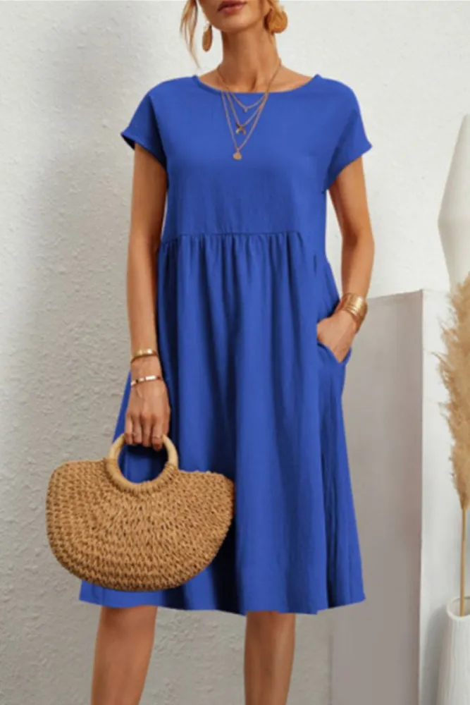 Melanie - Vestido Informal de Patchwork Monocolor con Escote en O y Mangas Cortas en A
