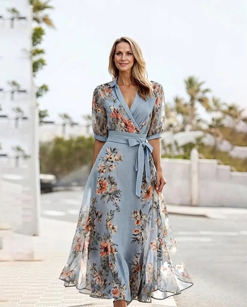 Vestido midi elegante de manga corta con escote en V