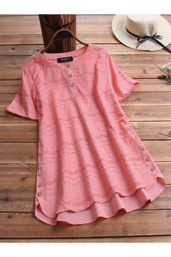 Blusa casual bohemia bordada con mangas cortas y botón