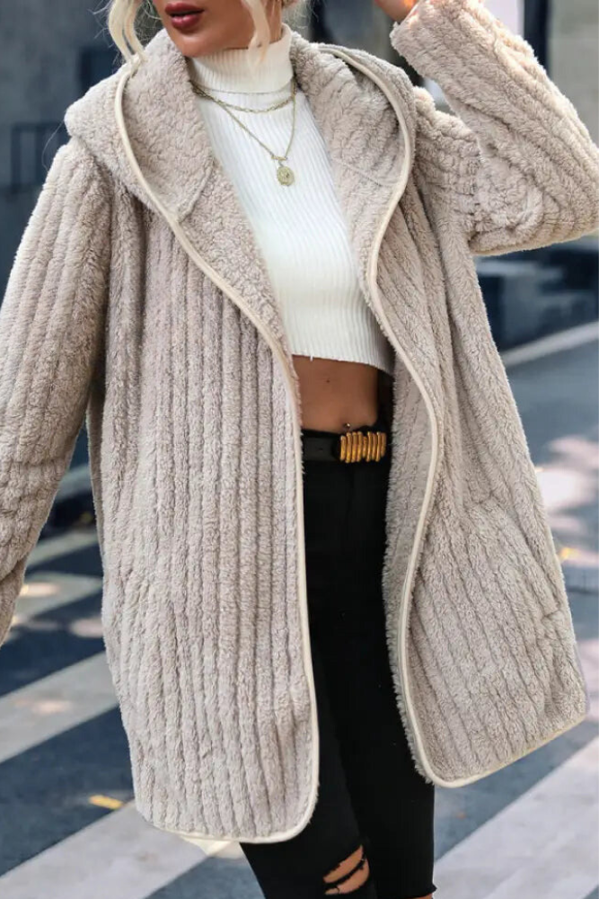 Chaqueta Informal Marrón Claro con Capucha y Cordón - Diseño de Parche Sólido para Estilo Urbano