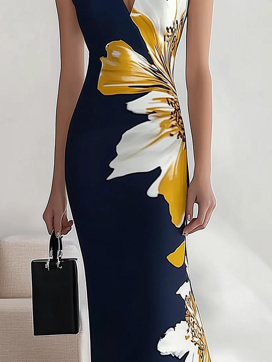 Vestido largo sin mangas con estampado floral elegante ideal para ocasiones especiales