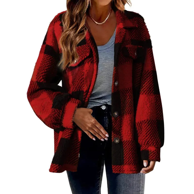 Chaqueta de Mujer con Botones y Estampado de Cuadros - Abrigo Acogedor y Moderno