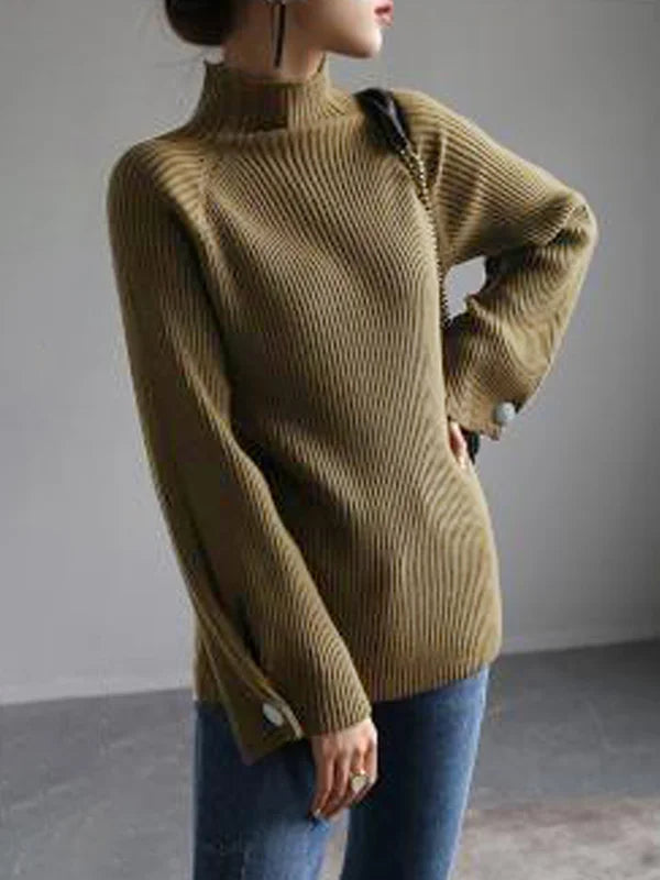 Suéter de Cuello Alto Amplio y Cómodo para Mujer - Color Sólido