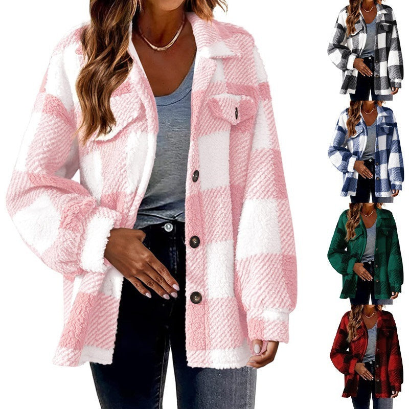 Chaqueta de Mujer con Botones y Estampado de Cuadros - Abrigo Acogedor y Moderno