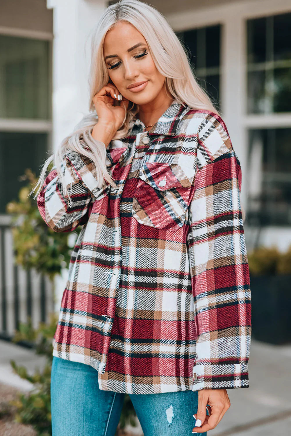 Chaqueta de Cuadros Acogedora con Botones y Bolsillos