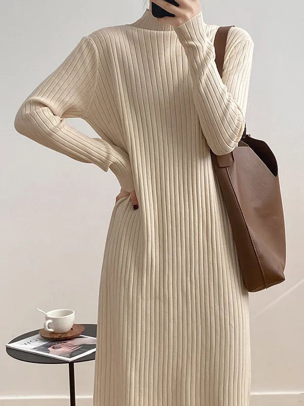 Vestido Suéter Midi de Corte Suelto con Flecos y Cuello Alto - Manga Larga