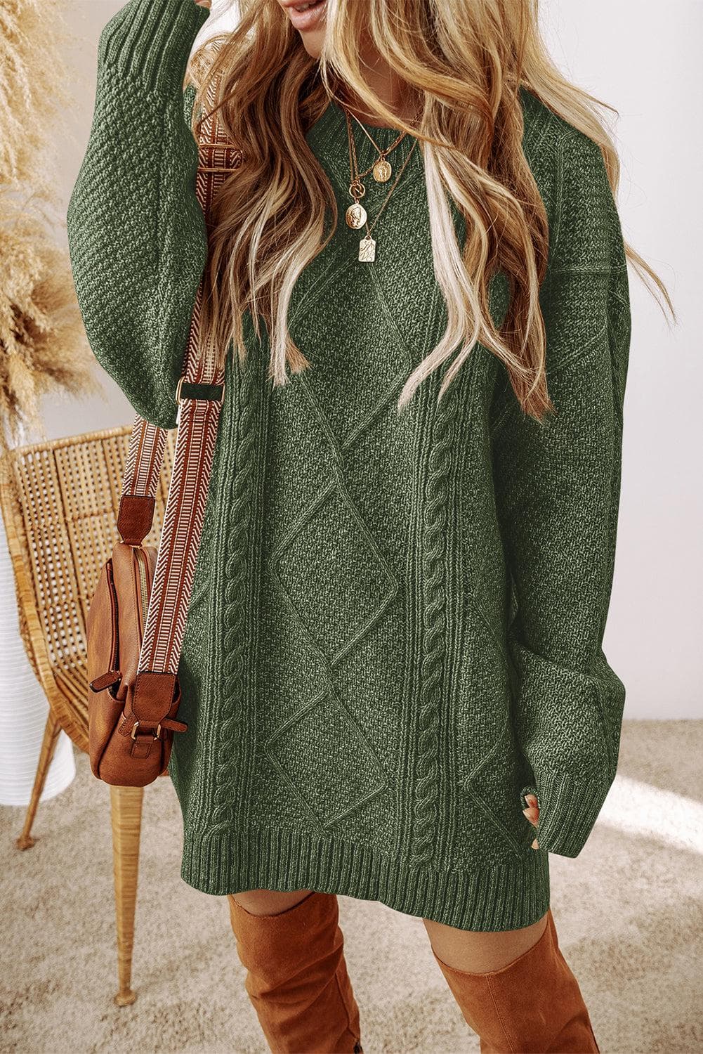 Vestido de Suéter Oversized de Punto de Cable en Verde Salvia para Mujeres