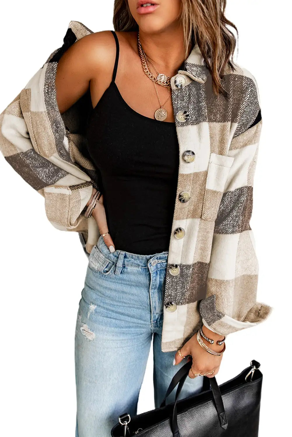 Chaqueta de Cuadros en Bloque de Color Caqui para un Estilo de Invierno Sin Esfuerzo
