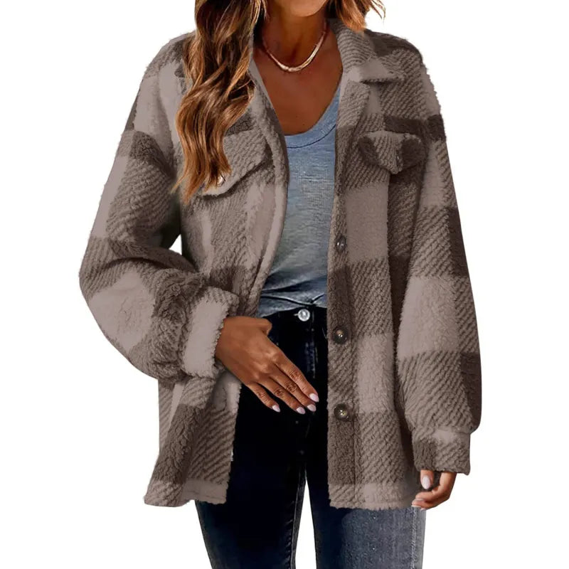 Chaqueta de Mujer con Botones y Estampado de Cuadros - Abrigo Acogedor y Moderno