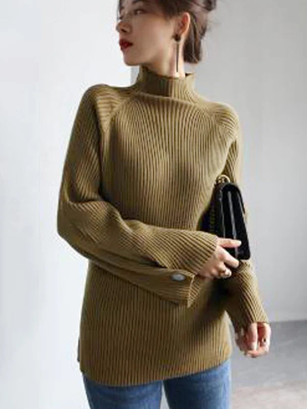 Suéter de Cuello Alto Amplio y Cómodo para Mujer - Color Sólido