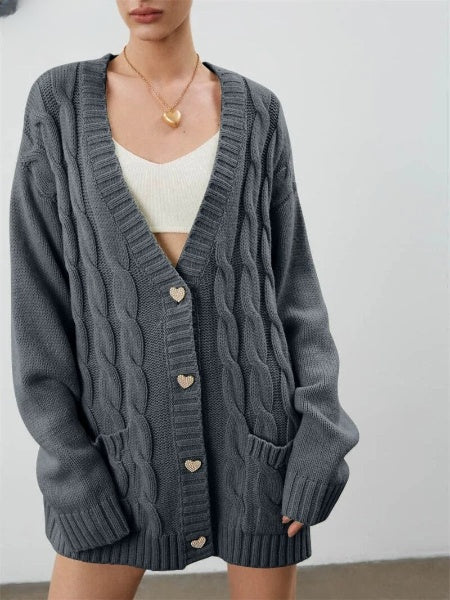 Cárdigan extragrande para mujer con botones de corazón: jersey de punto cálido para otoño e invierno