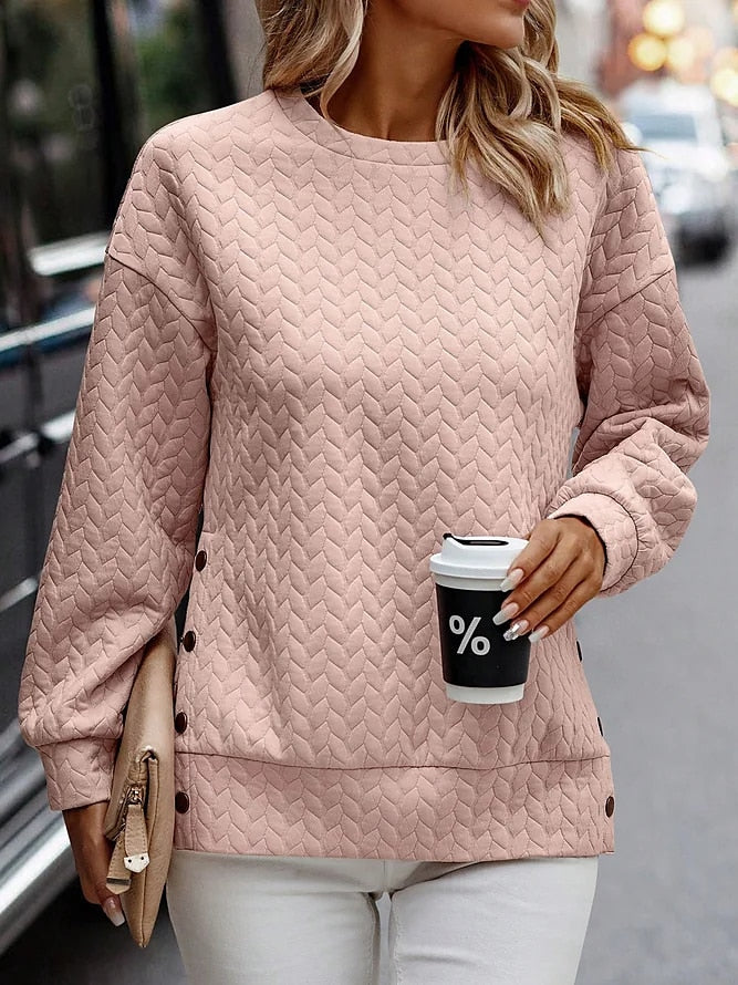 Sudadera Larga de Manga para Mujer - Top de Cuello Redondo en Color Sólido Rosa