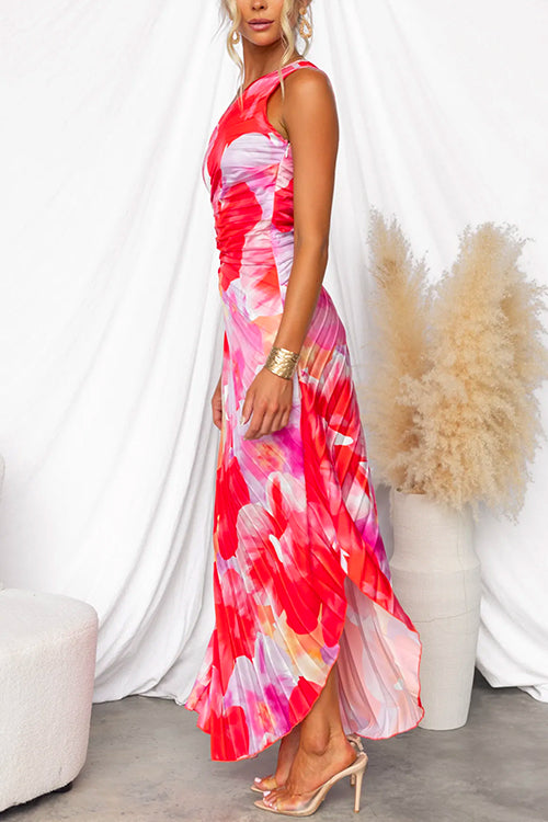 Vestido largo asimétrico sin mangas con estampado y diseño de un solo hombro ideal para un look elegante