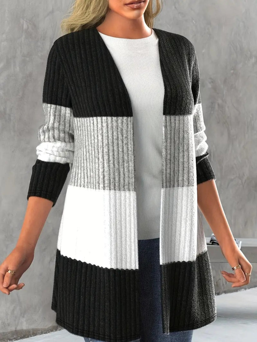 Cardigan Abierto de Manga Larga en Bloques de Color