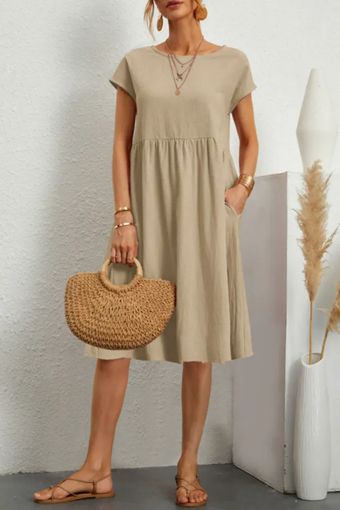 Melanie - Vestido Informal de Patchwork Monocolor con Escote en O y Mangas Cortas en A