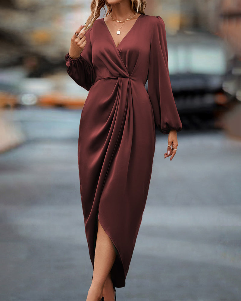 Vestido sofisticado con escote en V y mangas largas de estilo farol